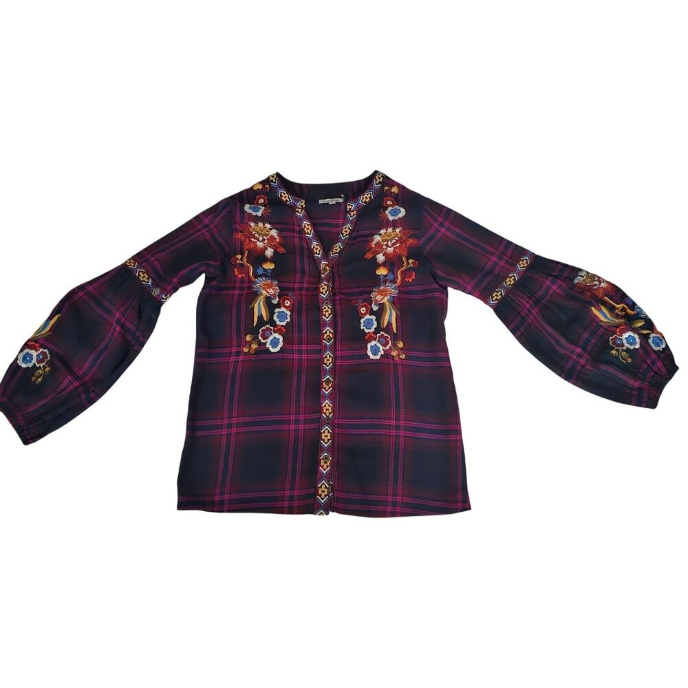 Time For Me Plaid Embroidered Floral Balloon Sleeve V-Neck Blouse Women's Small - Picture 3 of 15